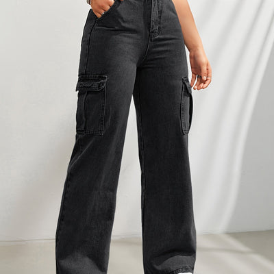 Noa | Casual denim cargobroek met wijde pijpen en hoge taille