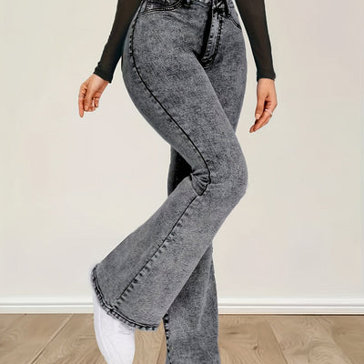 Elin | Gray stretch denim flare jeans with a high waist and button closure