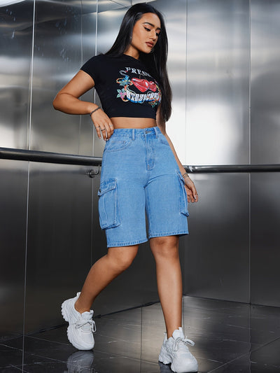 Jasper | High-waisted cargo Bermuda shorts in washed denim