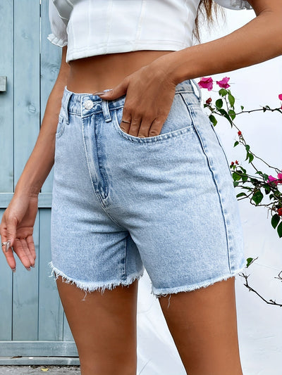 Lotte | Short stretchy high-rise denim shorts with a frayed edge and distressed washed blue look
