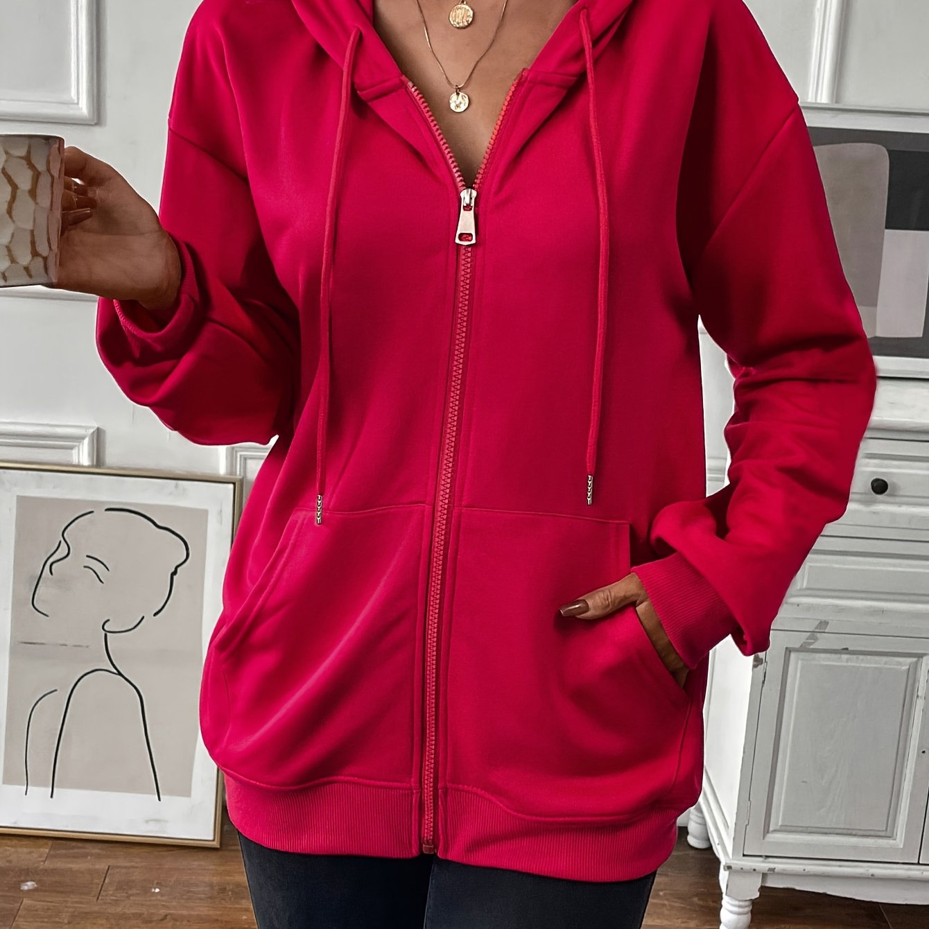 Stefanie | Stevige rits met trekkoord, losse hoodie met lange mouwen en zakken