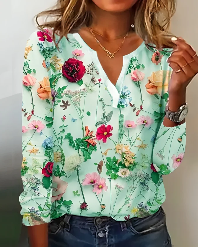Elena – Blouse with Floral Print and V-Neck