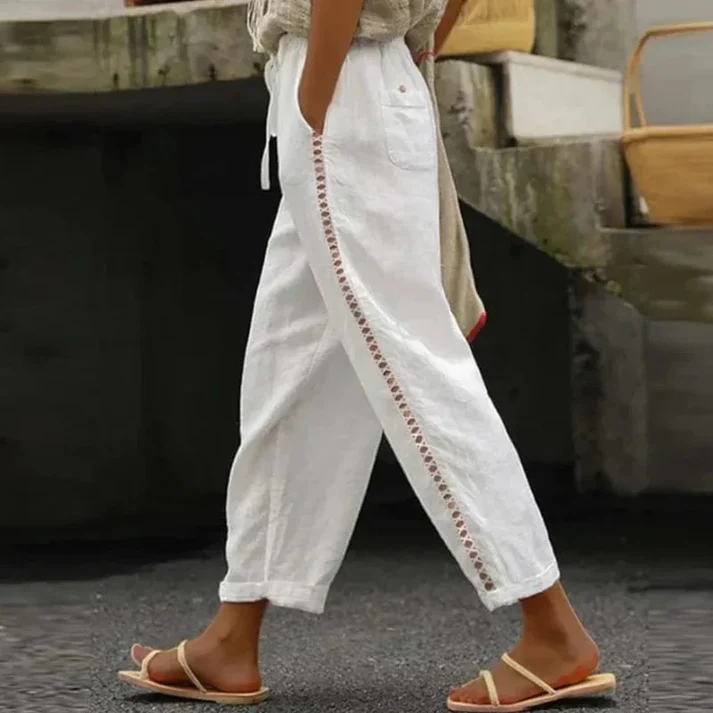 Elena – Linen Trousers with Embroidery and Elastic Waist