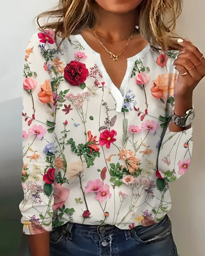 Elena – Blouse with Floral Print and V-Neck