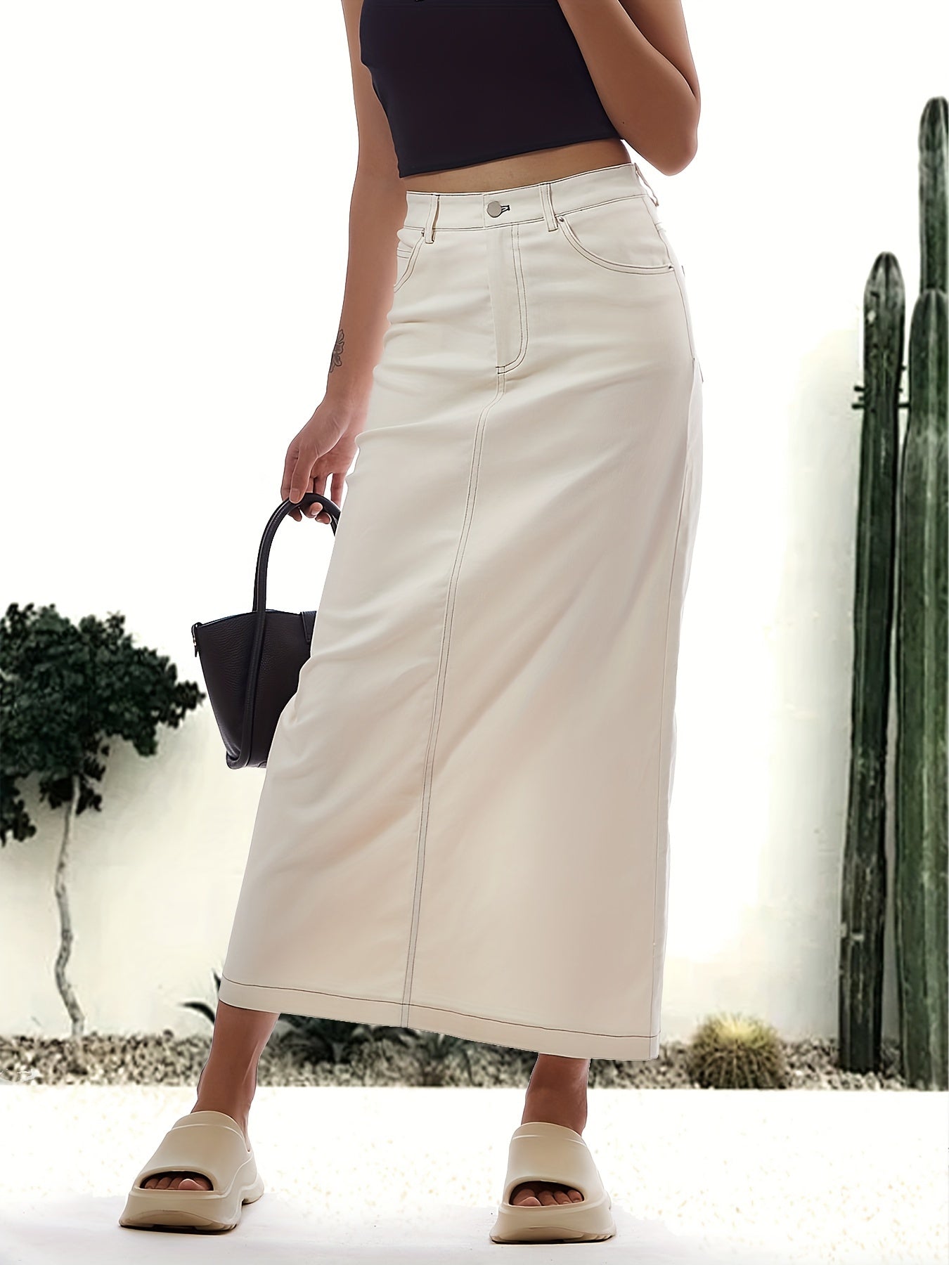 Emma | Plain white split back hem casual maxi denim skirt