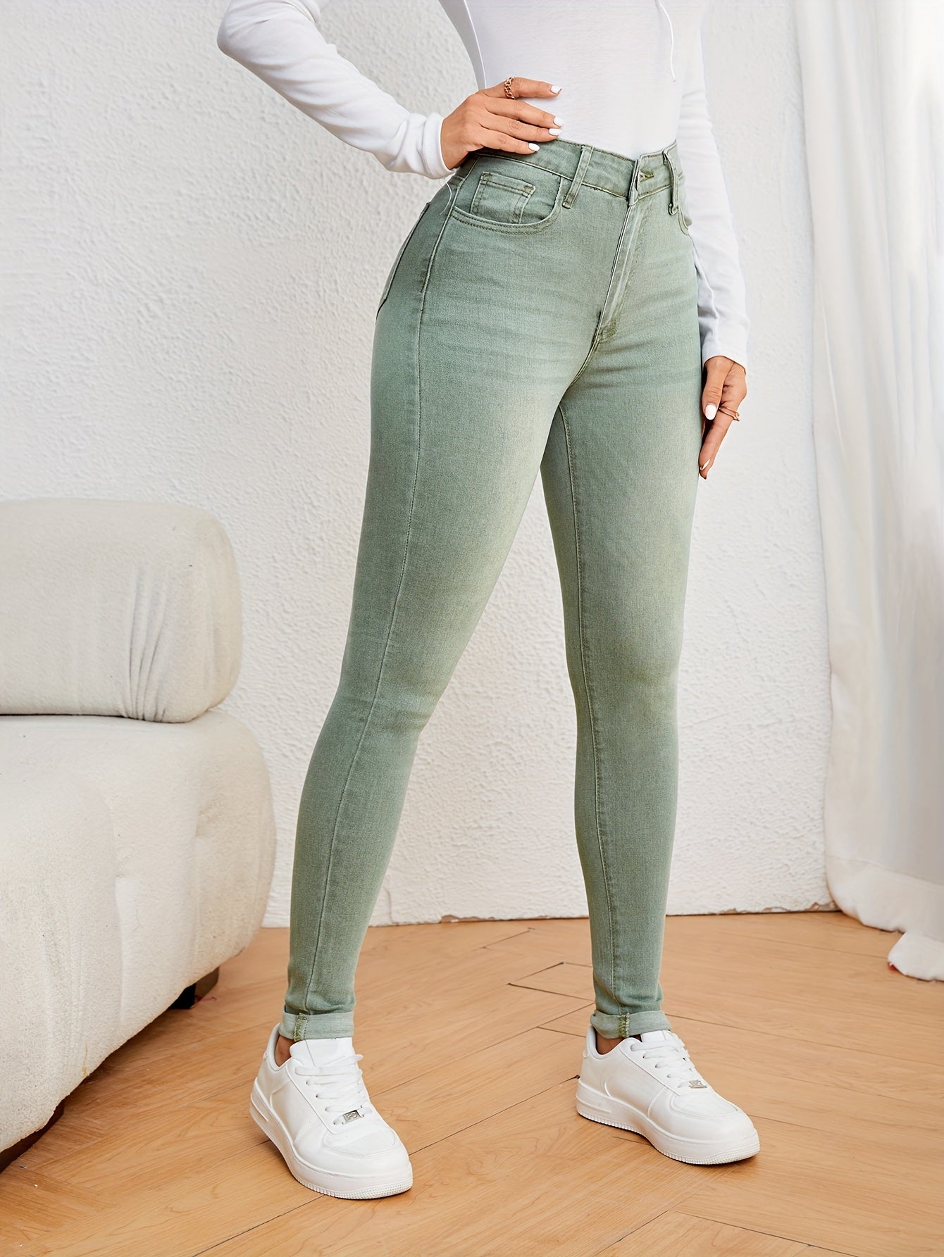 Sophie | Olijfgroene dames slim fit jeans met hoge taille