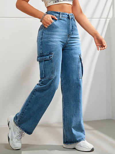 Noa | Casual denim cargobroek met wijde pijpen en hoge taille