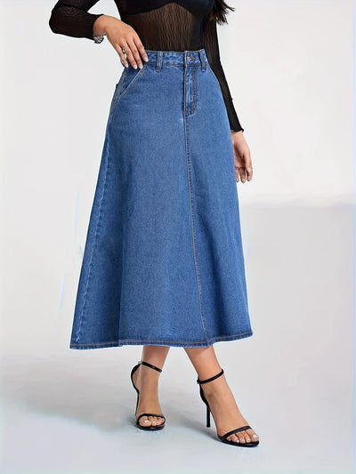 Femke | Hoge elastische denim midi rok met zakken