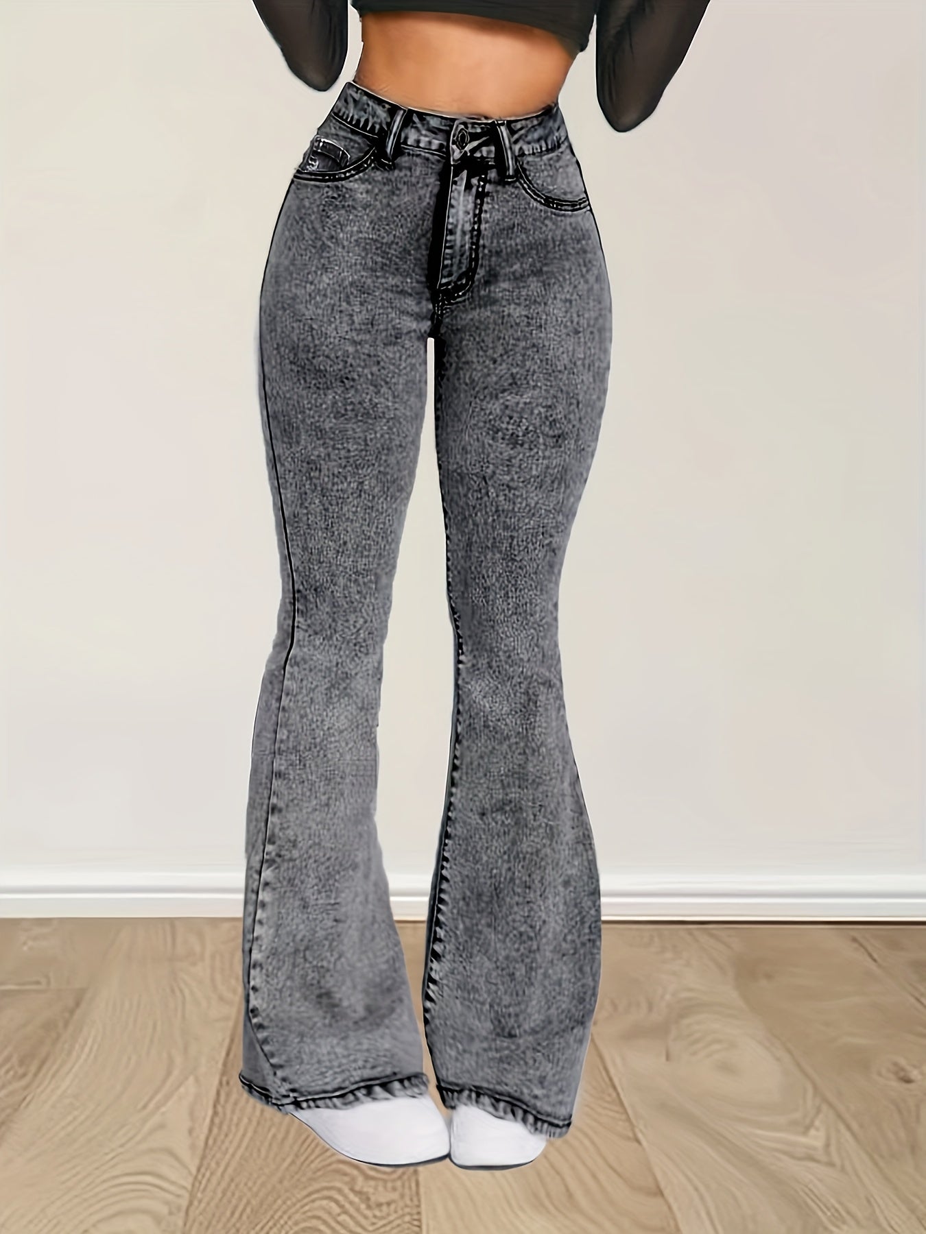 Elin | Gray stretch denim flare jeans with a high waist and button closure