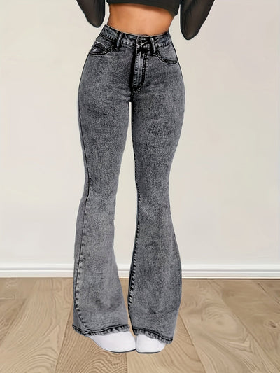 Elin | Gray stretch denim flare jeans with a high waist and button closure