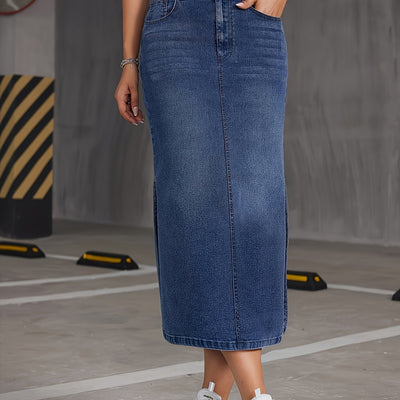 Nina | Blauwe denim midi-rok met hoge taille en schuine zakken