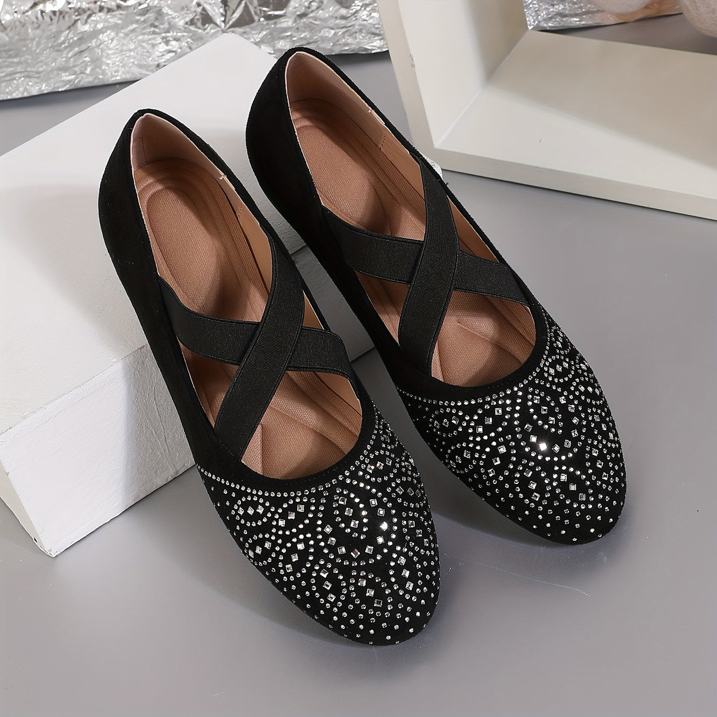Elise | Rhinestone decor ballet flats with elastic cross strap