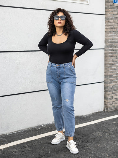 Emma | Casual damesjeans in grote maat, gescheurd, gewassen blauw