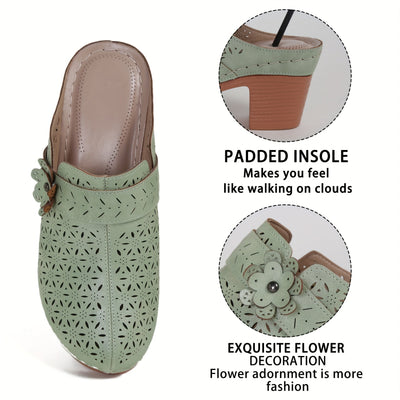 Flora | Women's mules with a thick heel and perforated floral decoration
