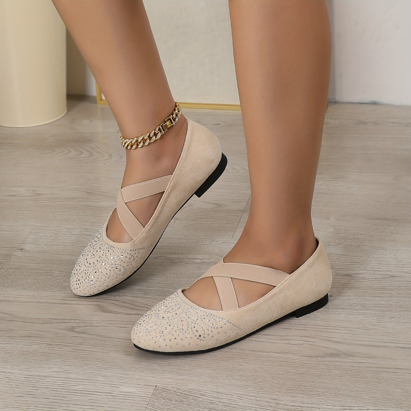 Elise | Rhinestone decor ballet flats with elastic cross strap
