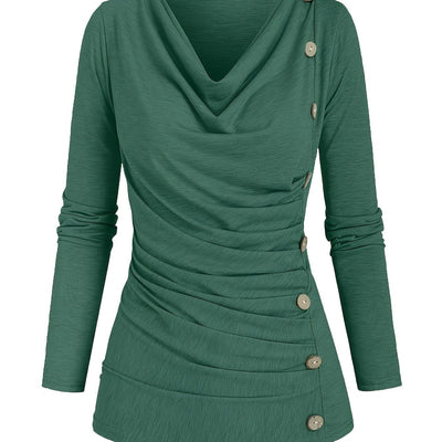 Jasmine | Plain knitted turtleneck sweater with ruffles and buttons