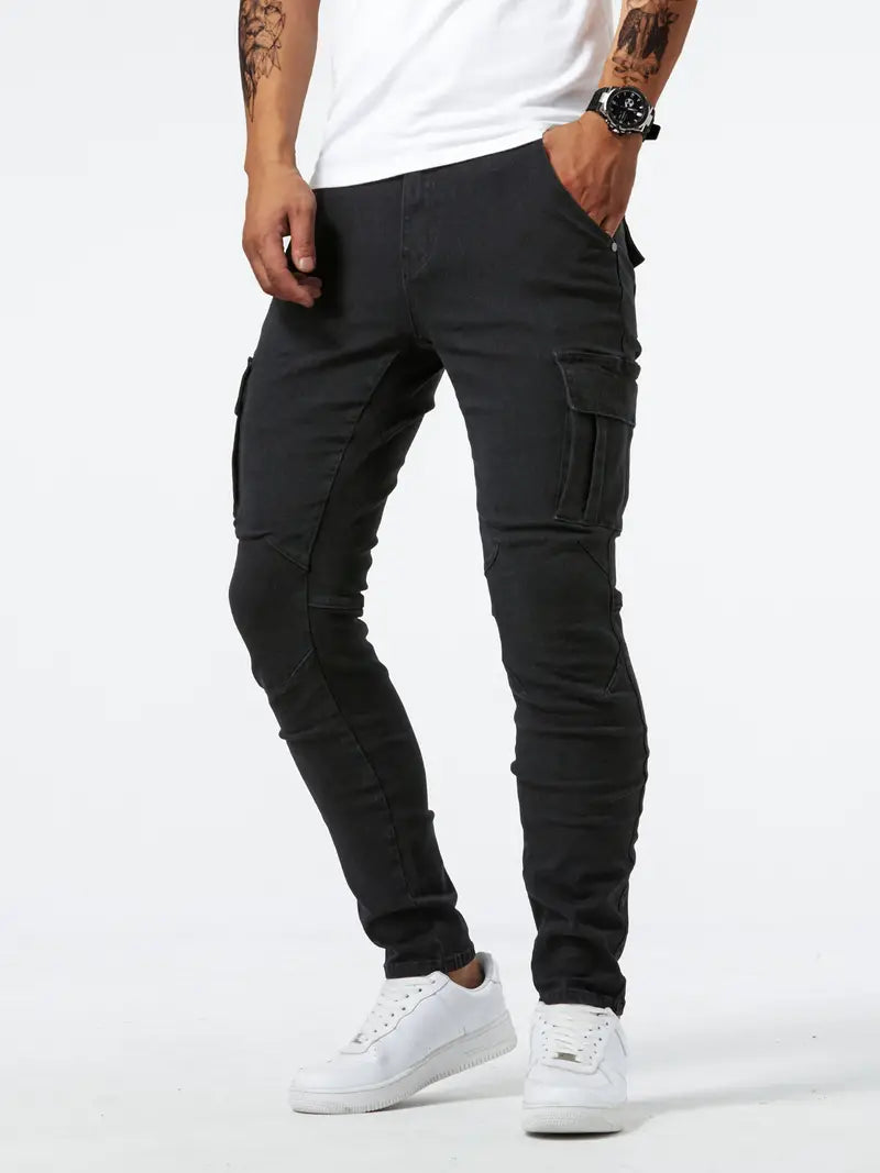 Slim fit multi-pocket jeans voor heren - cargo broek van hoog stretch denim