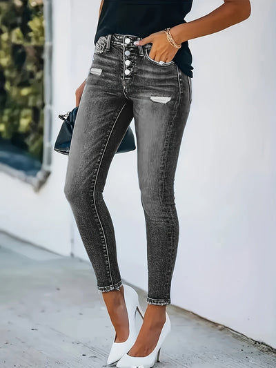 Elise | Frayed skinny jeans with whisker and ankle-breasted motif