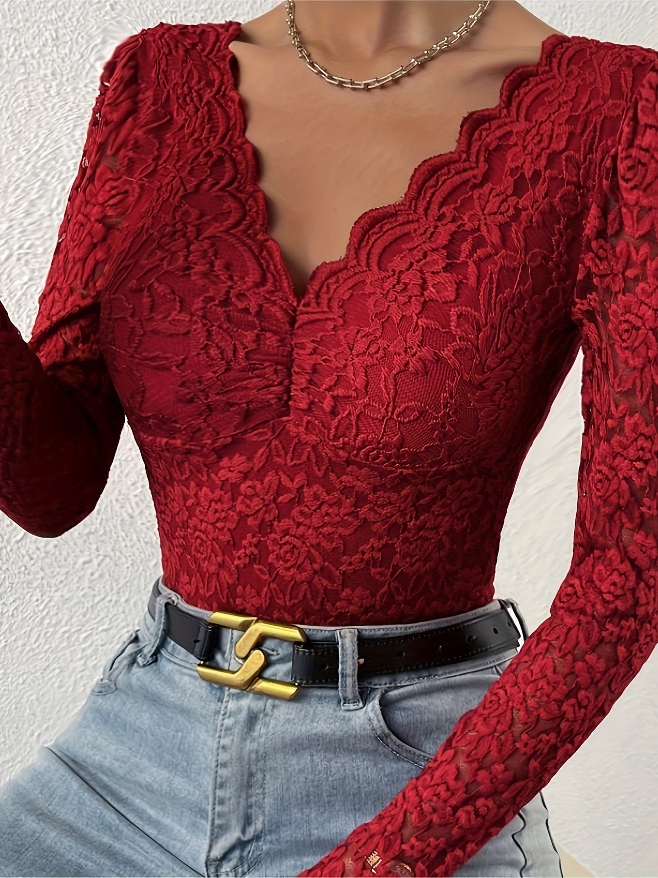 Emma | Sexy, elegant, semi-sheer bodysuit with lace scallop trim and long sleeves