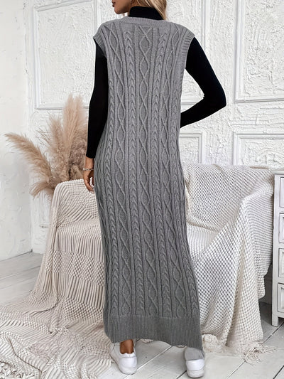 Evelien | Gebreide mouwloze maxi-jurk met kabelpatroon en V-hals