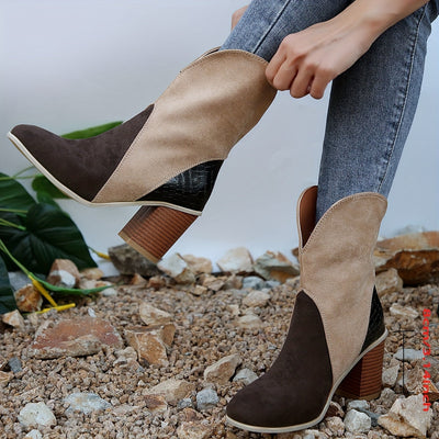 Chique dames enkellaarzen | Borduursel, vierkante neus, dikke hak, instap cowboystijl in fluweel & denim