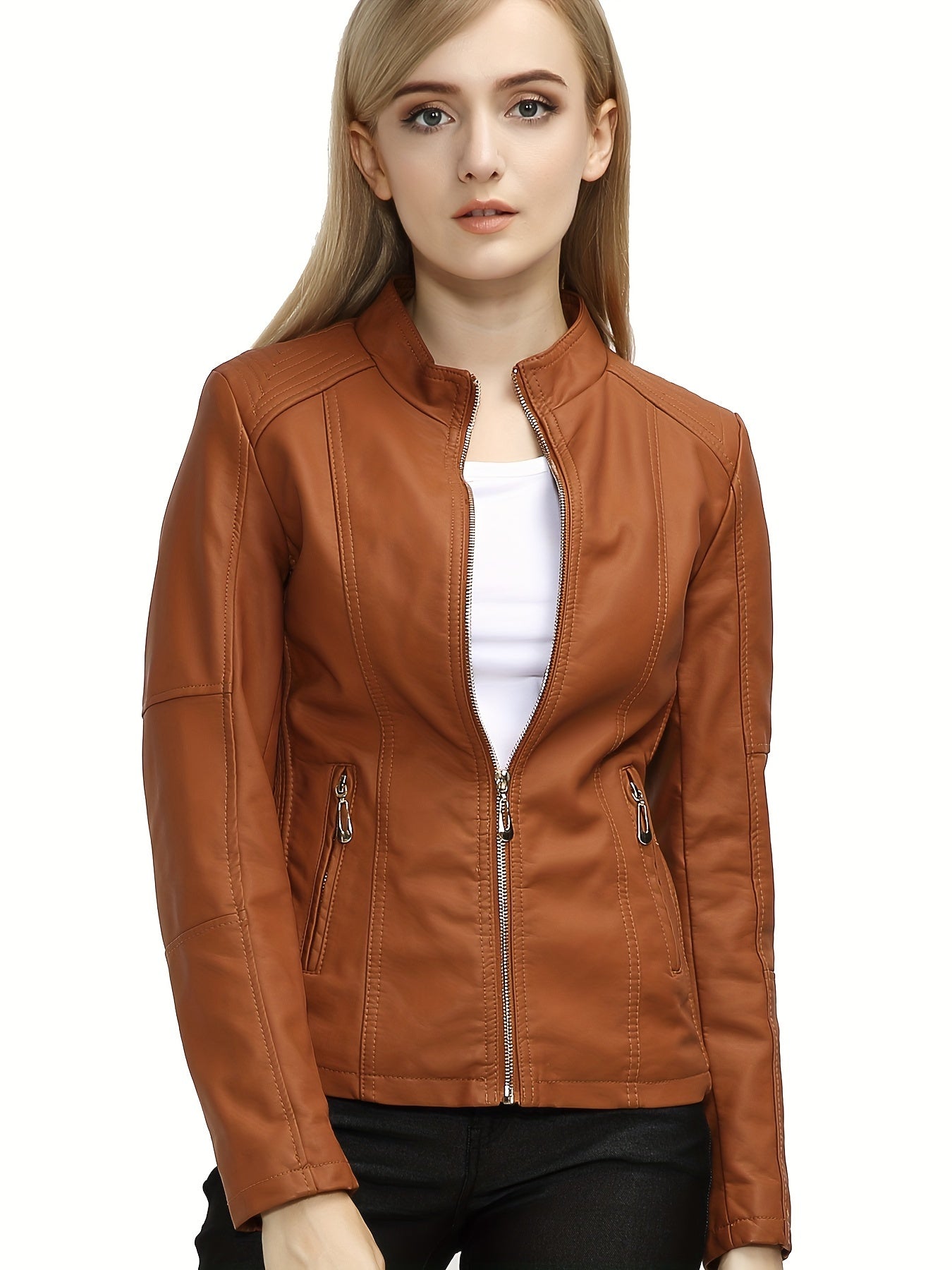 Elise | Women's plus size casual faux leather jacket with zip and lapel collar