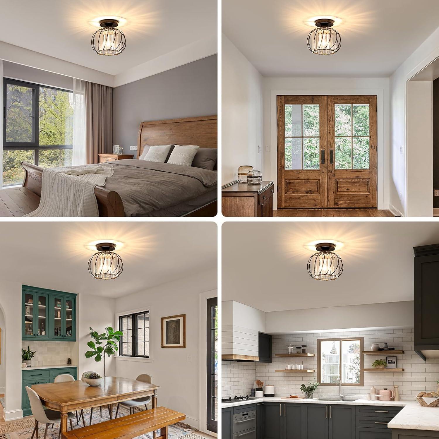Lovora - Flush Mount Ceiling Light with Caged Glass and Metal Frame