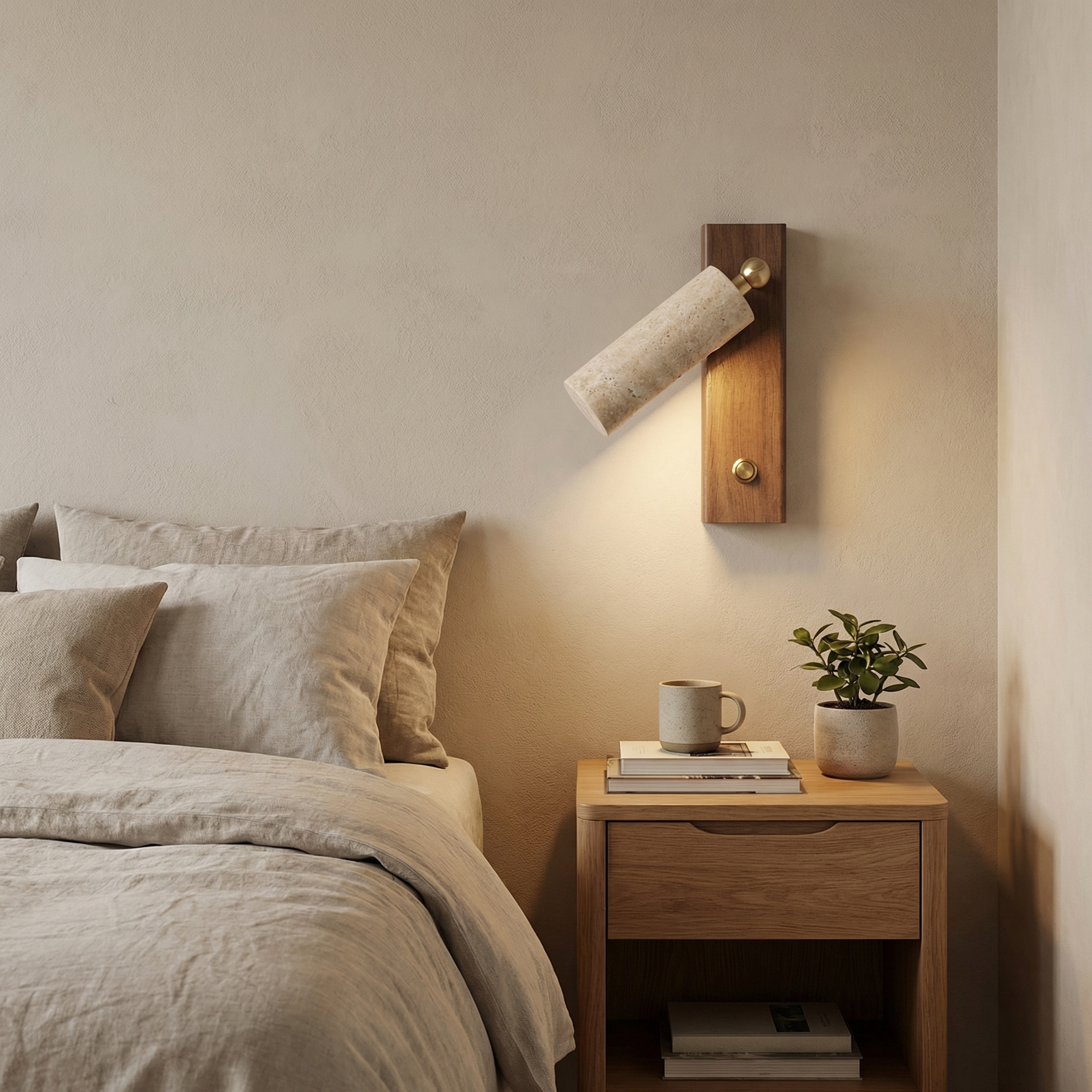 Vemorin - Adjustable Travertine Wall Lamp with Walnut Wood Panel