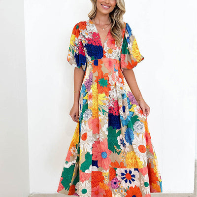 Bloom Elegance – Midi Jurk met Abstracte Bloemenprint