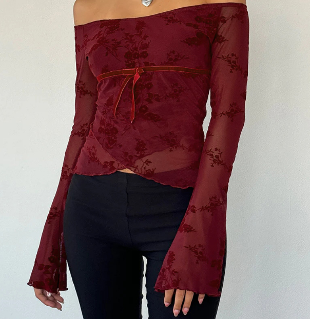 Hermine | Elegant Off-Shoulder Mesh Top with Floral Motif 