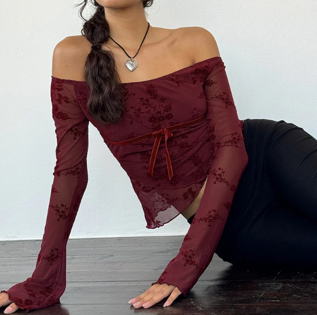 Hermine | Elegant Off-Shoulder Mesh Top with Floral Motif 