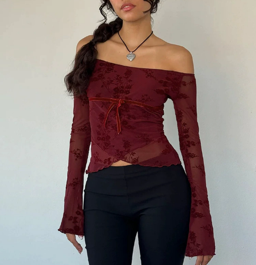 Hermine | Elegant Off-Shoulder Mesh Top with Floral Motif 