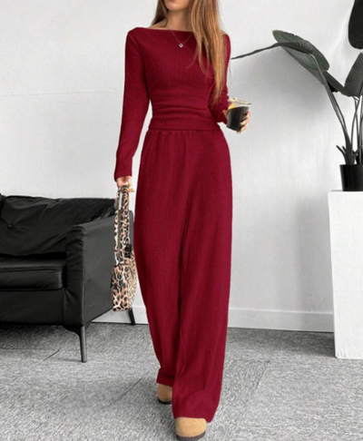 Cleo | Elegant Ribbed Lounge Set met Wijde Broek