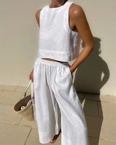 Linnen Set Dames – Mouwloze Top met Wijde Broek