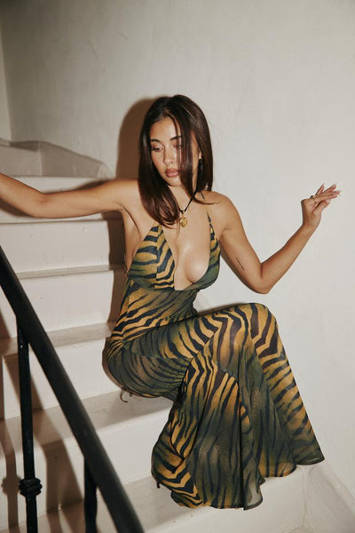 Juneen - Printed Slip Maxi Dress with Open Back