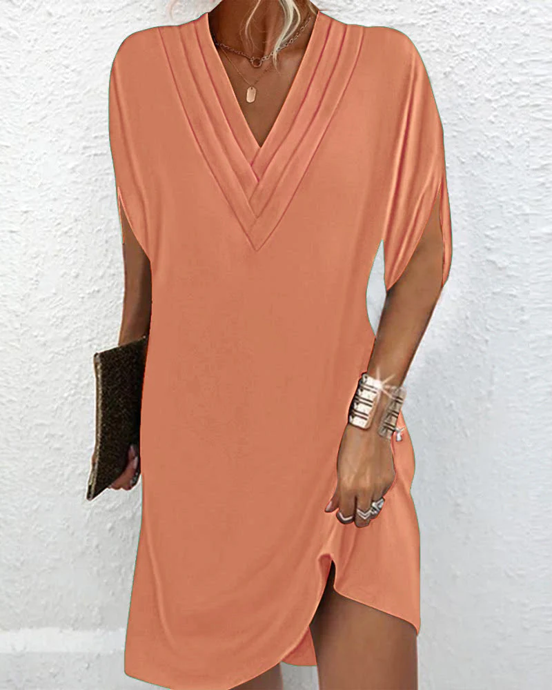 Dames Zomerjurk met V-Hals en Korte Mouwen – Losvallende Casual Mini Jurk