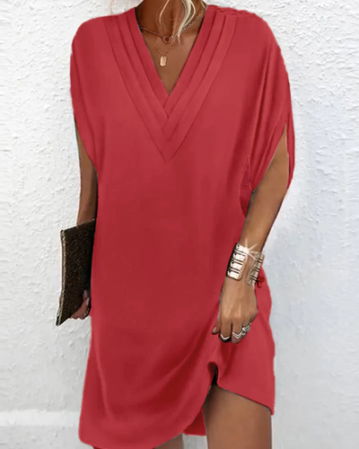 Dames Zomerjurk met V-Hals en Korte Mouwen – Losvallende Casual Mini Jurk
