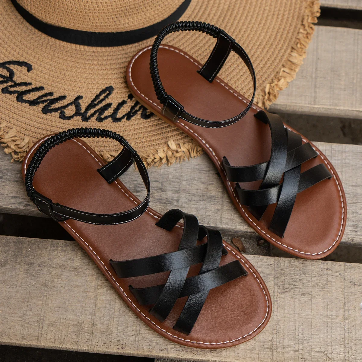 Lina – Sandals with Crossed Straps and Elastic Ankle Strap