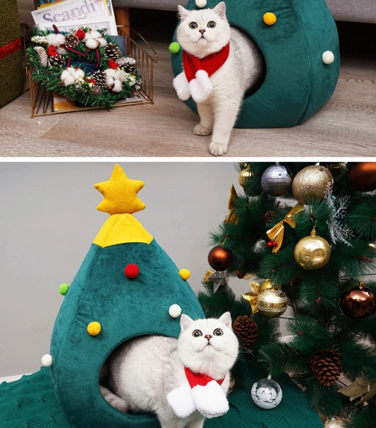 Christmas Tree Cat Basket - FestivePurr 