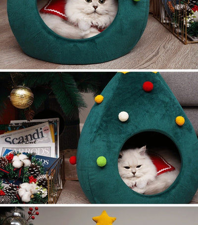 Christmas Tree Cat Basket - FestivePurr 