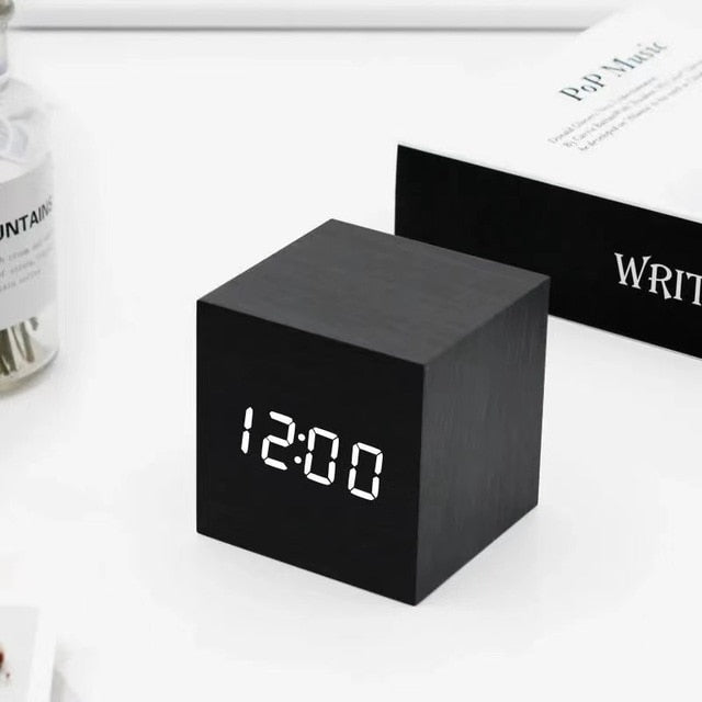 Zenvora – Digital LED Wooden Cube Alarm Clock