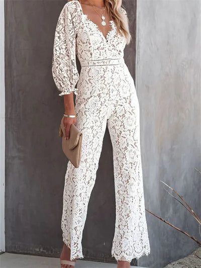 Silke – Witte Jumpsuit met Holle Bloemenprint en V-Hals voor Dames