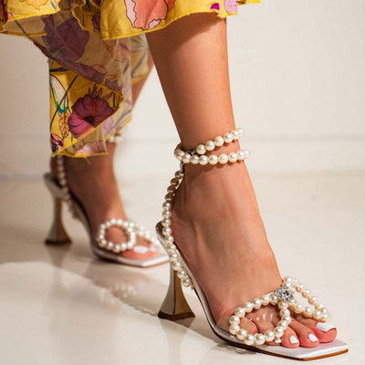 Ellie - Unique high heel sandals with sparkling pearl strap and butterfly detail