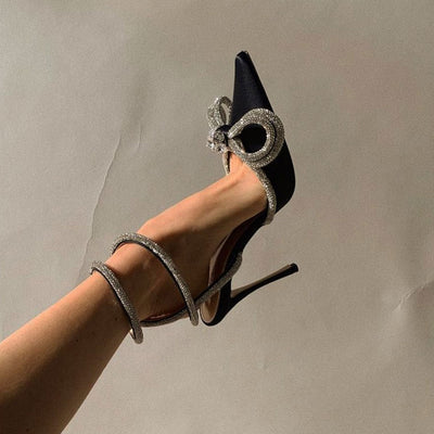 Layla - Satin heels with rhinestones and butterfly ankle strap