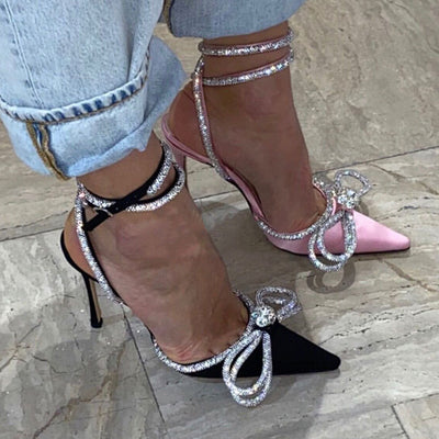 Layla - Satin heels with rhinestones and butterfly ankle strap