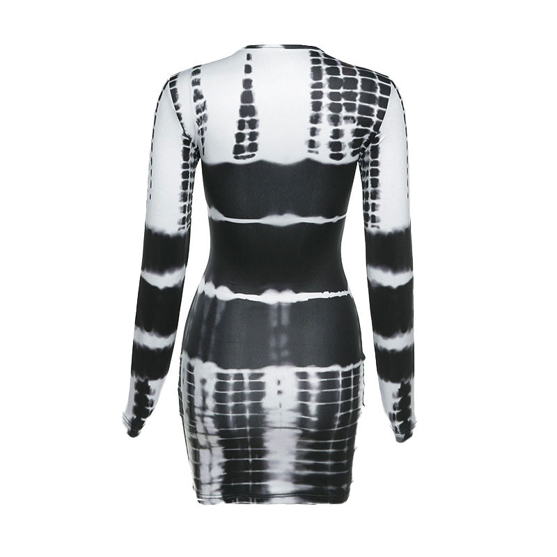 Elina - Trendy Tie Dye Mix Bodycon Mini Dress with Long Sleeves
