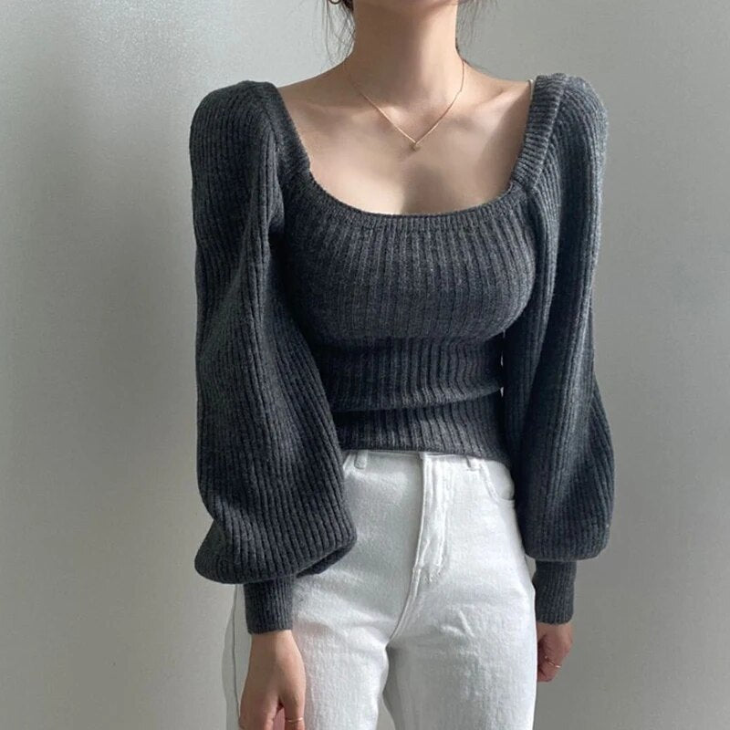 Lotte | Knitted sweater with boat neck and balloon sleeves