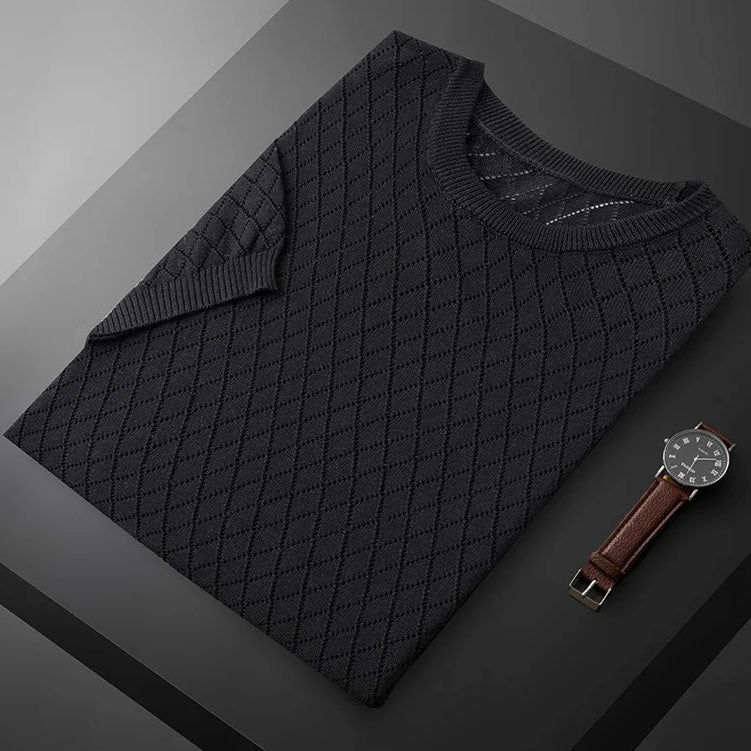 Vic – Fijngebreide T-Shirt met Diamantpatroon